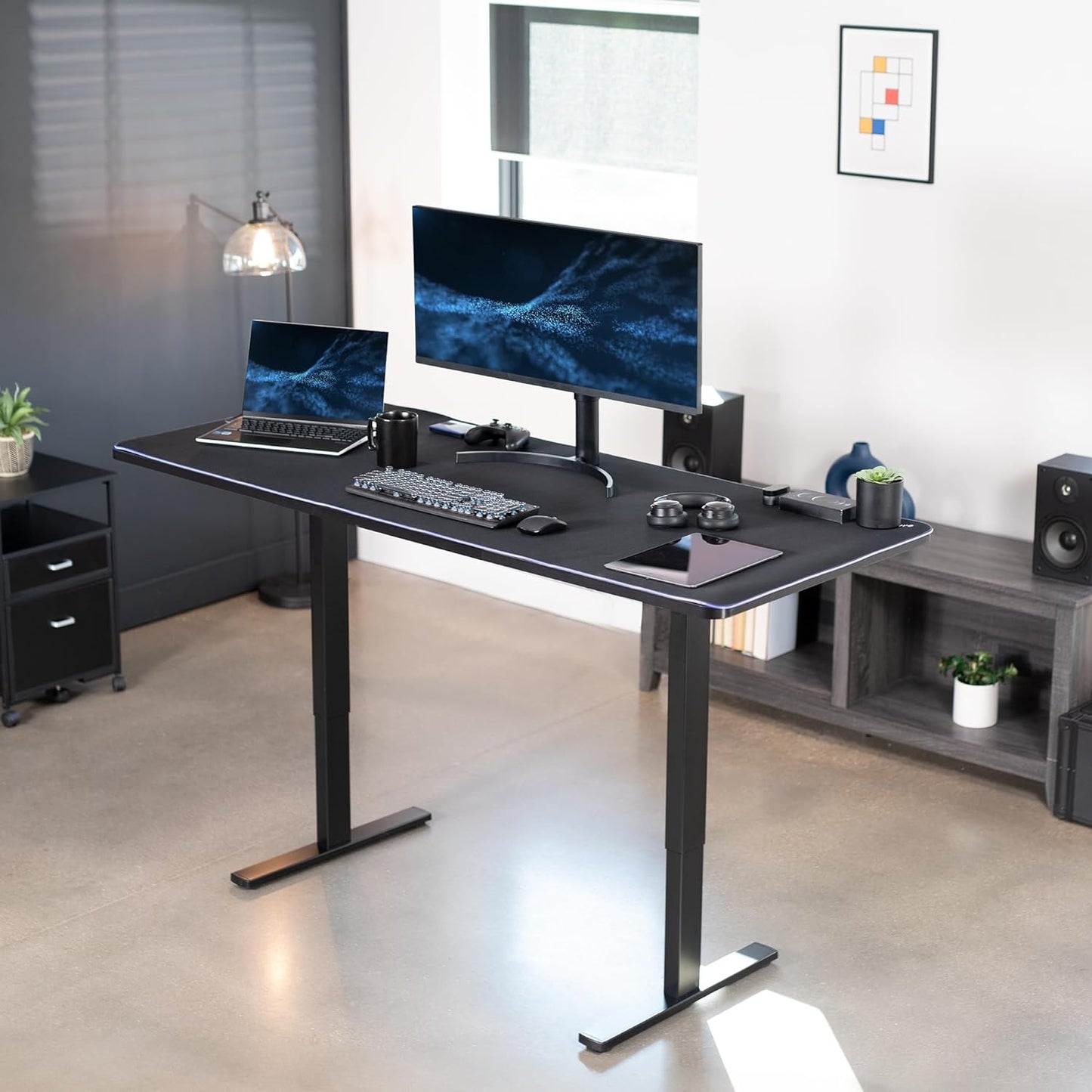 VIVO Electric 71 x 30 in Standing Desk with Full-Size RGB Mouse Pad, Memory Height Adjustment, 1B Series, Black Top Black Frame, DESK-KIT-1B7BP