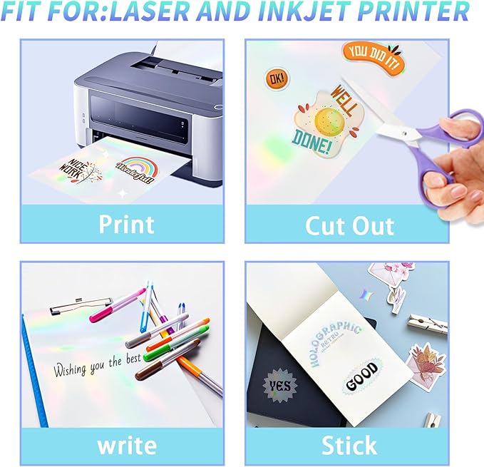 Printable Transparent Laser Sticker Paper, Laser & Inkjet Printable 8.5 x 11 Inches Dries Quickly Stickers Clear Rainbow Vinyl Label 22 pcs