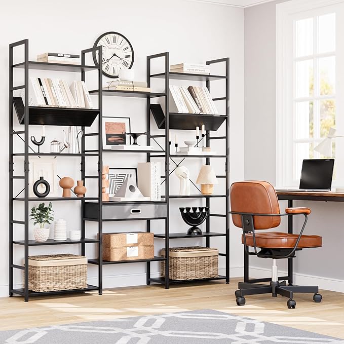 NUMENN Bookcases and Bookshelves Triple Wide 6 Tier Bookshelf, Large Etagere Bookshelf with Storage Drawer, Adjustable Open Display Shelves for Living Room Bedroom Home Office, Black