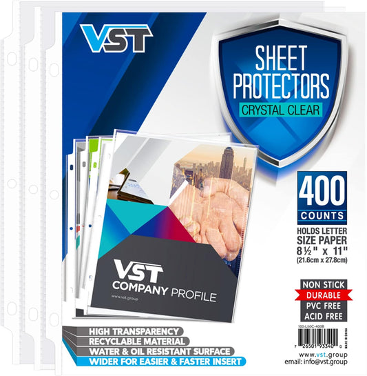 VST Sheet Protectors 8.5 x 11 Inch for 3 Ring Binder, Crystal Clear Page Protectors, Medium Weight Plastic Sleeves, Top Loading Paper Protector Acid Free, Letter Size, Dry Erase Pocket, 400 Sheets