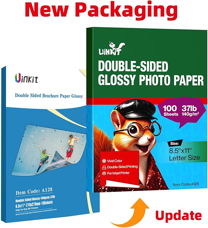 Uinkit 100 sheets Brochure Paper Glossy Double Sided 8.5x11 Inkjet 37lb 140gsm Dye ink Thin Photo Picture Flyer Calendar Magazine CD Cover letter