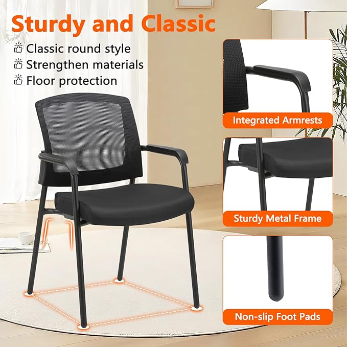 CLATINA Office Reception Guest Chair Mesh Back Stacking with Ergonomic Lumbar Support and Thickened Seat Cushion for Waiting Conference Room Black 4 Pack