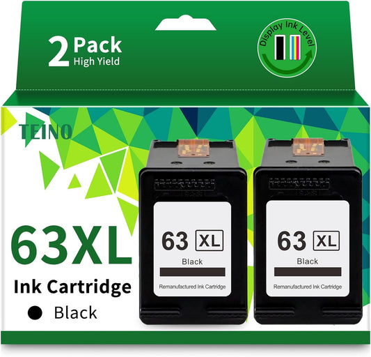 TEINO 63XL 63 Black Ink Cartridge for HP Printers Remanufactured Replacement for HP Ink 63 63XL Ink Cartridge Combo Pack Work with 4520 3830 4650 5200 5255 5258 4512 1112 2132 (2 Black)