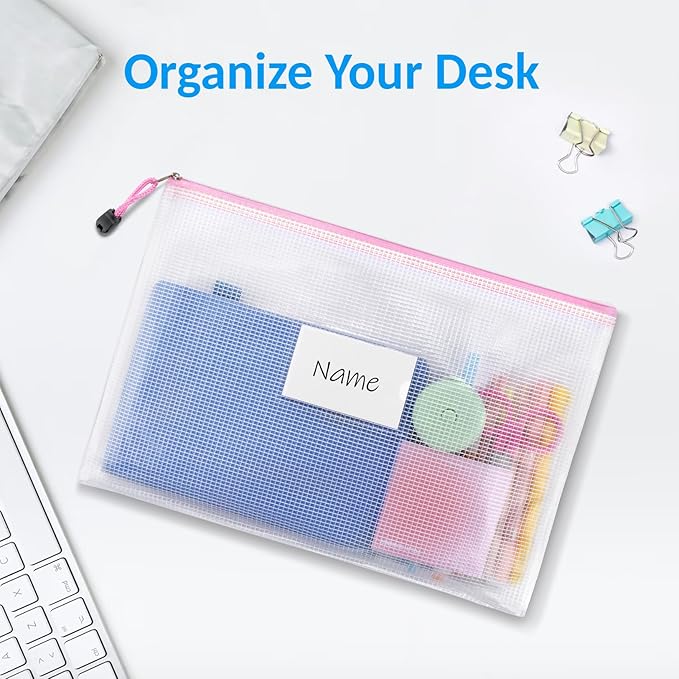 Sooez 32 Pack Mesh Zipper Pouch Bags, A4 Letter Size, Zipper Bags with Label Pocket, Waterproof Zipper Pouches for Classroom Organization, Board Game Storage, Document Bag for Office School Supplies