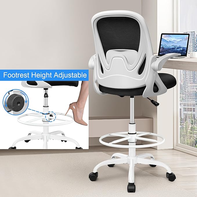 Drafting Chair Tall Office Chair with Flip-up Armrests, Adjustable Height, and Enhanced Lumbar Support - Ergonomic Rolling Stool, Back Support, and Adjustable Foot Rest Ring for Standing Desk White