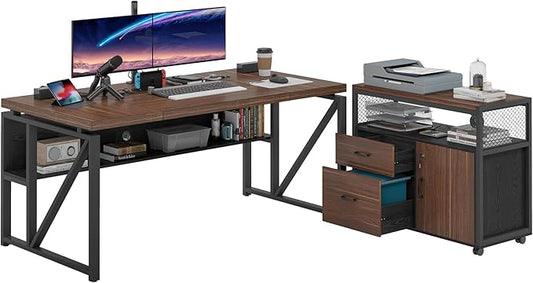 Tribesigns Office Desk with Drawers Sets, 63 inches L Shaped Computer Desk with Mobile File Cabinet,Big Executive Desk for Home Office Furniture Sets (Dark Brown, 63-inch)