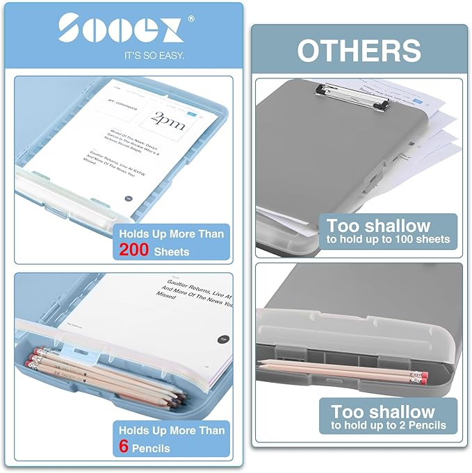Sooez Clipboard with Storage, High Capacity Nursing Clipboard with Pen Holder, Clip Boards 8.5x11 with Storage, Low-Profile Clip, Lightweight Plastic Clipboard for Teachers, Lawers, Office Workers