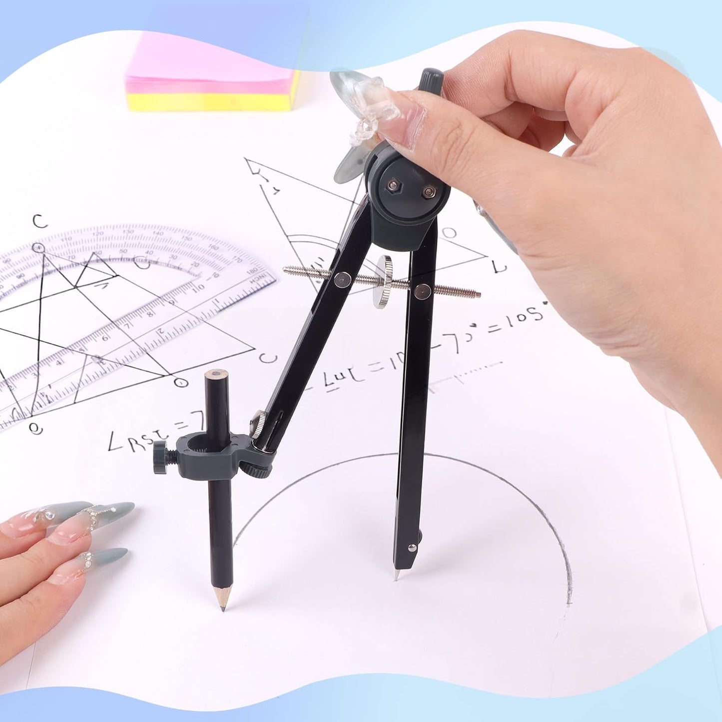 Professional Compass for Geometry Set, Metal Compass with Wheel and Lock for Geometry, Drawing Compass Tool, Circle Drafting Tool, and 6 Inch Math Protractors 180 Degree (Black)