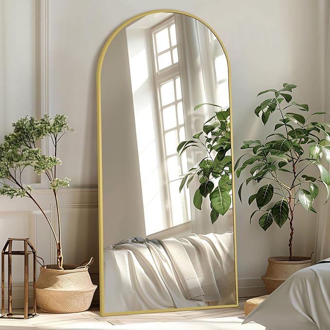 Arched Full Length Mirror, 71"X32" Free Standing Mirror Full Length, Large Floor Mirror with Stand for Bedroom Living Room Gym, Hanging or Leaning, Tempered Glass, Gold
