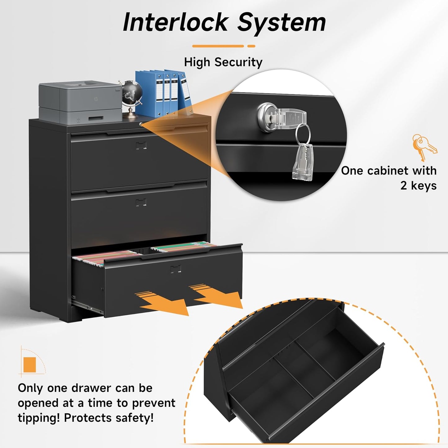 Lateral File Cabinet with Lock, 3 Drawer Lateral Filing Cabinet for Office Home, Locking Metal Steel Wide for Hanging Files Letter/Legal/F4/A4 Size, Easy Assemble Black