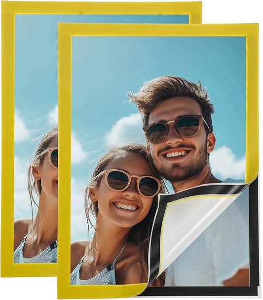 uxcell 2 Pcs Magnetic Sign Holder, 8.3" x 11.7" Self-Adhesive Magnetic Wall Signs Holder Magnetic Picture Frame Document Holder for Home Office Wall Window Displays, Yellow
