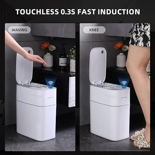 MOPALL Small Bathroom Trash Cans with Lids,Motion Sensor Bathroom Trash Can,Narrow Waterproof Plastic 3.5 Gallon Automatic Adsorption Touchless Garbage Can,White