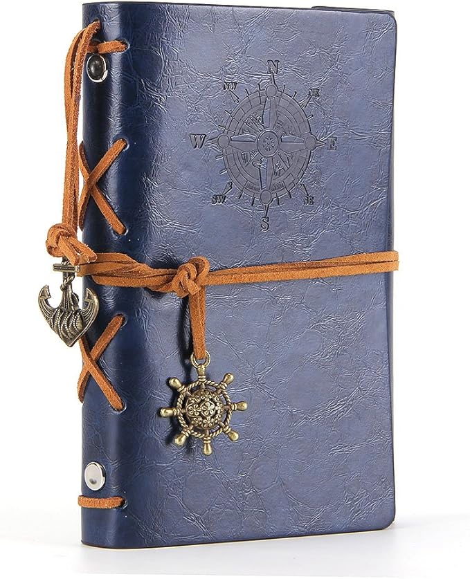 EvZ Leather Writing Journal Notebook, 5 Inches Vintage Nautical Spiral Blank String Diary Notepad Sketchbook Travel to Write in, Unlined Paper, Retro Pendants, Classic Embossed, Dark Blue