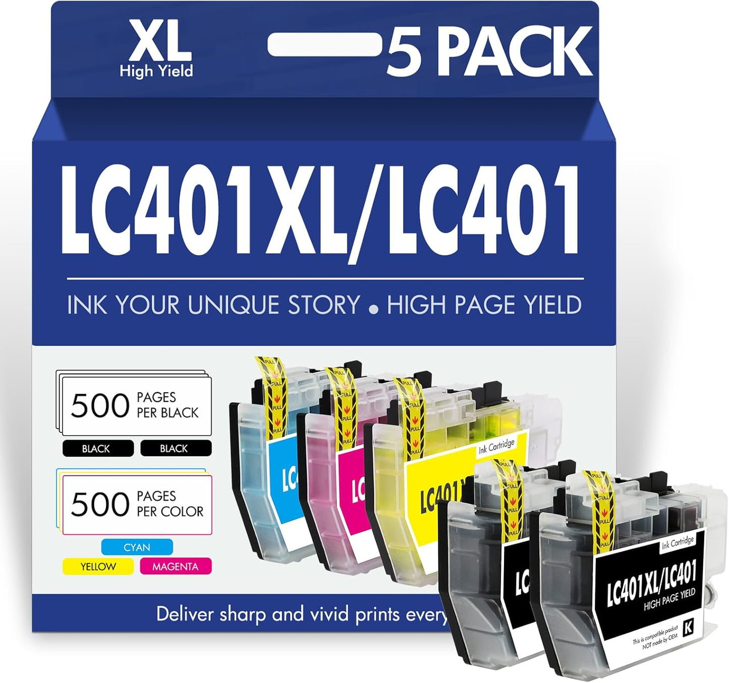 LC401XL LC401 MFC-J1010DW Ink Cartridges for Brother Printer LC 401 401XL for MFC-J1010DW MFC-J1170DW MFC-J1012DW MFC-J1800DW MFC J1010DW - 5 Pack High Yields Black Cyan Magenta Yellow