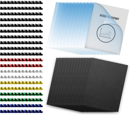 HOUYEE Binding Covers and Combs Set, 8.5x11 Inches, Including 50 Pcs Leather Texture Paper Binding Covers, 50 Pcs 8 Mil Clear PVC Sheets and 20 Pcs Assorted Combs