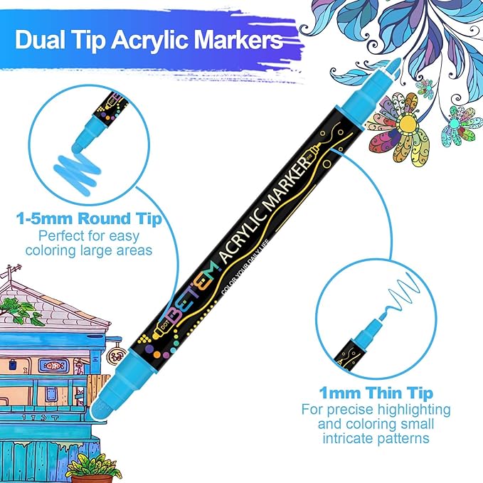 Betem 36 Colors Dual Tip Acrylic Paint Pens Markers, Premium Acrylic Paint Pens for Wood, Canvas, Stone, Rock Painting, Glass, Ceramic Surfaces, DIY Crafts Making Art Supplies