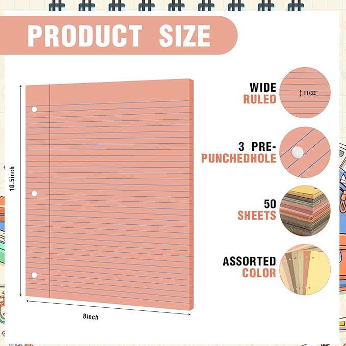 PerKoop 12 Pack 600 Sheets Colored Lined Paper Bulk Wide Ruled 8 x 10.5 Inches, Pastel Loose Leaf Notebook Paper 3 Hole Punched Filler for Back School Classroom Supplies(Cute Color)