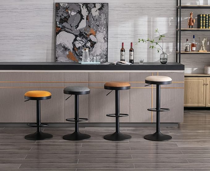 Round Swivel Counter Height Bar Stools Set of 2 Modern Adjustable Barstools Backless Corduroy Bar Chairs Industrial Island Chairs with Metal Base/Footrest for Kitchen Island/Pub/Bar, Yellow