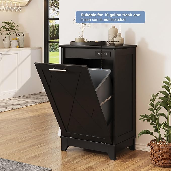 Tilt Out Trash Cabinet, Kitchen Trash Can Cabinet w/Negative ion and deodorizing Function, Dog Proof 10 Gallon Garbage Can Cabinet for Kitchen, Bathroom, Living Room, Black