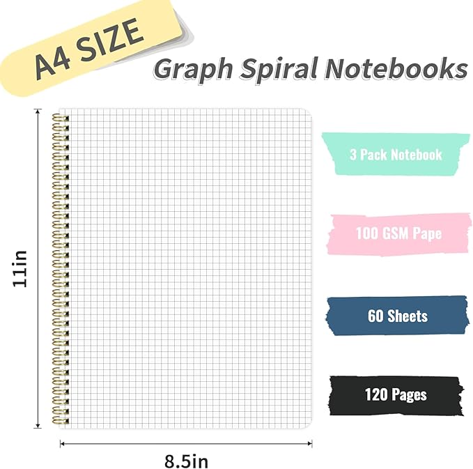 Grid Notebook 8.5" x 11", A4 Pink Graph Paper Notebook Hardcover College Ruled Notebook for Work, 120 Pages 100GSM Large Thick Spiral Writing Journal for Women & Men