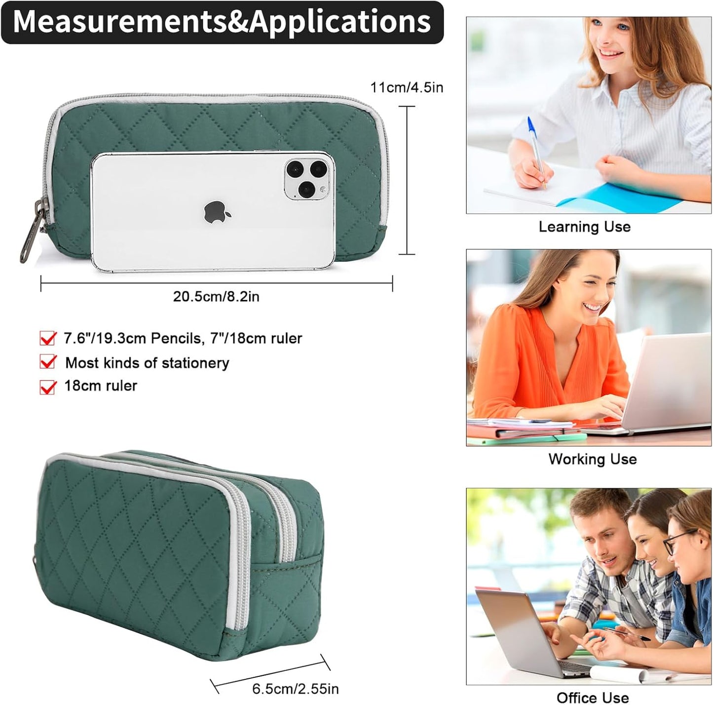 Della Gao Pencil Case Large Capacity Pencil Pouch Soft Quilted Pen Bag Office Stationery Organizer Sturdy Pencil Bag for Men Women - Dark Green