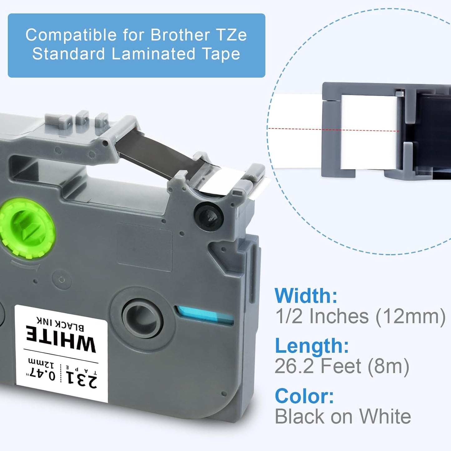 Tze 12mm 0.47" Laminated White Tz Tape Tz-231 Compatible for Brother Tze-231 Ptouch 1/2 Label Tape Tz231 for P Touch PTH100 PTD220 PTH111 PTD210 PT1290 PTD400 PTD600 PTD410 Label Maker, 4 Pack