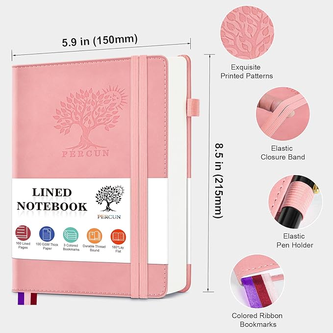 PERCUN Lined Journal Notebook for Men & Women, 160 Pages College Ruled Journal for Writing, A5 Hardcover Leather Notebooks for Work, School, Business, Travel, Daily Diary 5.9" x 8.5" - Pink