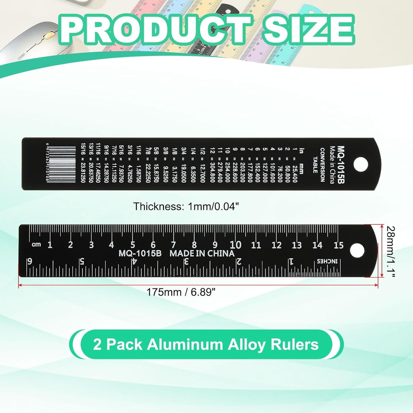 PATIKIL 15cm/6" Metal Ruler, 2 Pack Aluminum Alloy Rulers with Centimeters, Millimeters, Inches and Conversion Table Straight Edge Ruler for Writing Machinist Drafting, Black