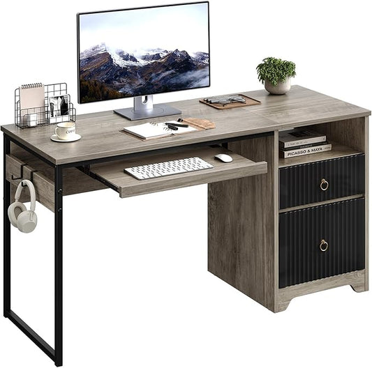 Bestier 55 Inch Computer Desk with Keyboard Tray, Modern Office Desk with Storage, Wood Writing Desk with File Drawer, Fluted Panel & 2 Hooks for Home Office & Studio, Grey