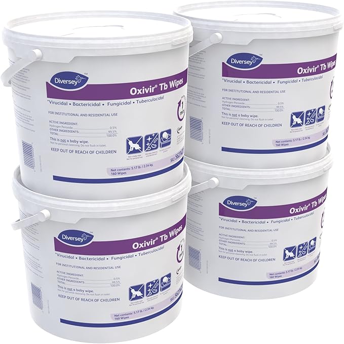 Oxivir Diversey Tb 5627427 Ready-to-Use Disinfectant Cleaning Wipes, Accelerated Hydrogen Peroxide, 11x12-Inch Extra Large Sheets, 160-Wipes, 1-Bucket (Pack of 4)