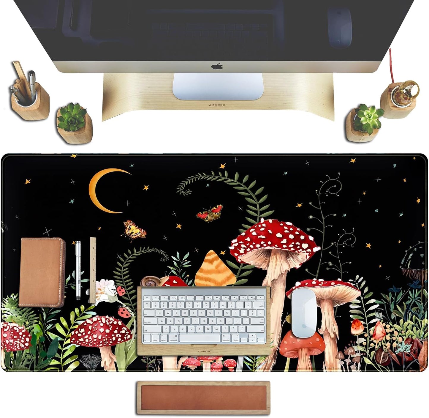 Ferns Leaves Cute Mushrooms Desk Mat Kawaii Green Plants Mouse Pad Xl Mat Large Gaming Desk Pad For Desk Decor Laptop Computer Keyboard Pad Desk Home Office For Women With Stitched Rounds 31.5x15.7 In