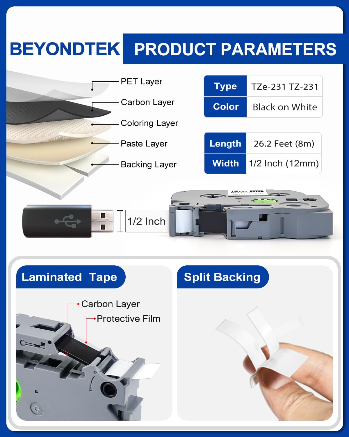 TZe-231 Replace for Brother Label Maker Tape TZ TZe Work with Brother P Touch Label Tape 12mm 0.47 Laminated White 1/2" P Touch Refill Black on White TZe-231 Cartridge for PT-H103w H110 D210 D220 1180