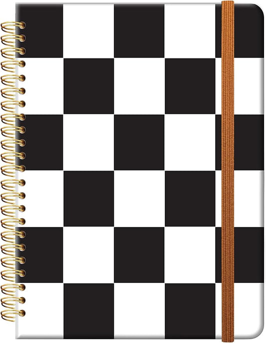Ruled Spiral Writing Notebook,A5 Hardcover Lined College Journal for Women Lady,Fashion Puppy Watercolor Strong Twin-Wire Binding with Premium Paper,8.4" X 6",Perfect for School,Office,Home Gifts(Black White Checker)
