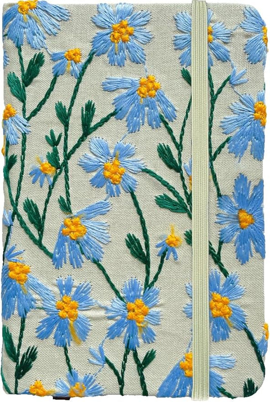 Pocket Notebook, Small Sketchbook, A6 Journal, 4x6, Daisy Gifts for Women, Floral Notebook, Embroidery Journal, Blank Paper, Hardcover, Lay Flat, Elastic Band, Diary for Girls, Blue Daisy