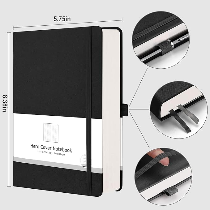 AHGXG Bullet Dotted Journal - 320 Numbered Pages Dot Grid Notebook A5 Thick Journal, 100gsm Thick Dotted Paper, Leather Hardcover,Inner Pocket, 5.75'' × 8.38'' - Black