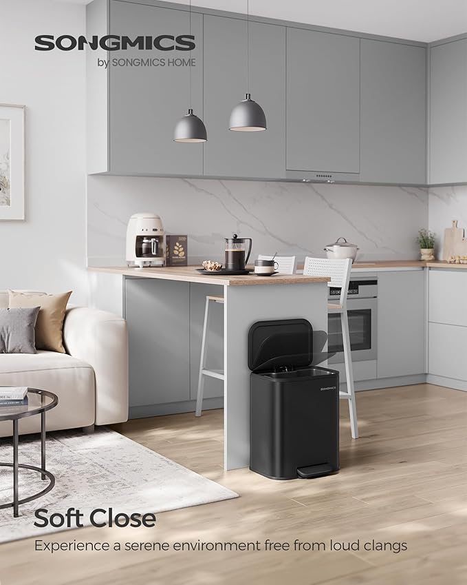 SONGMICS Kitchen Trash Can, 5.2-Gallon (20L) Garbage Can with Lid, Stainless Steel, Soft Close and Stays Open, Inner Bucket, Wide Non-Slip Pedal, Ink Black ULTB542B20