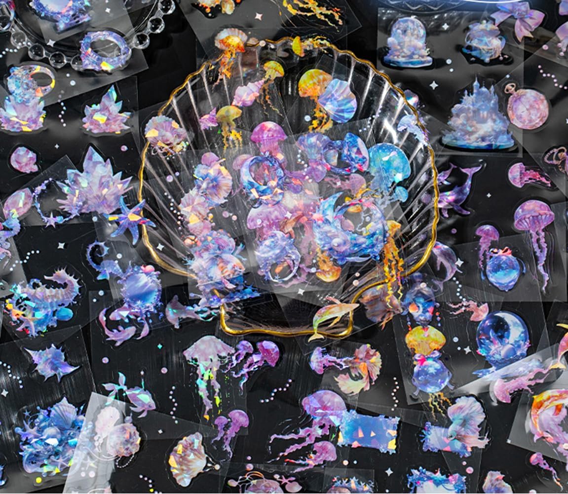 MAFELOE PET Scrapbook Stickers, 100 Sheets of Box Set, Aesthetic Deco Journaling Supplies for Junk Bullet Album Calendars Diary Planner- Crystal& Fantasy Series