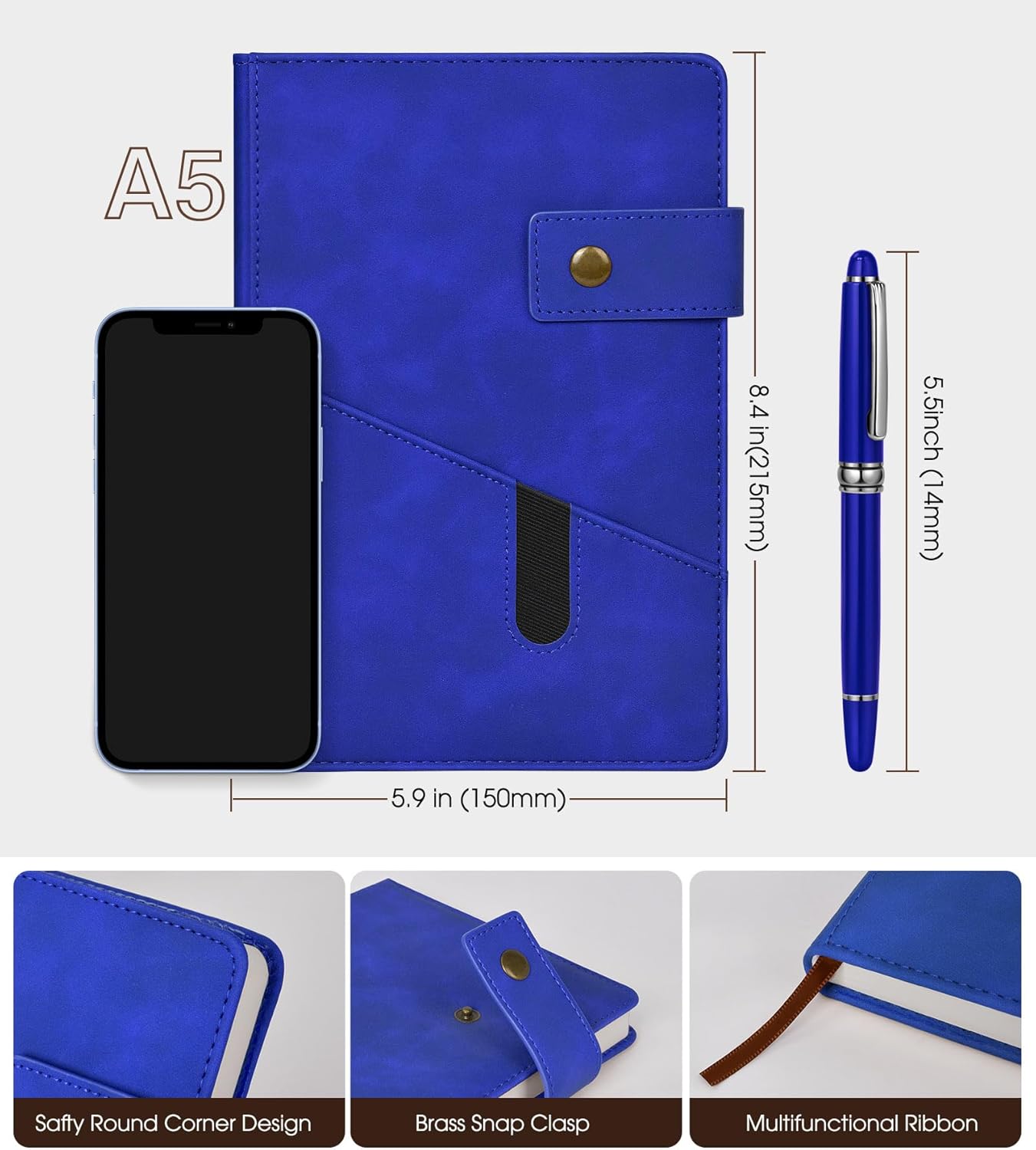 A5 Lined Leather Journal Notebook for Men Women,5.9" X 8.4" Personalized Hardcover Journal with Pen,200 Pages 100 Gsm Thick Ruled Paper Daily Diary for School,Travel,Work,Home,Writing