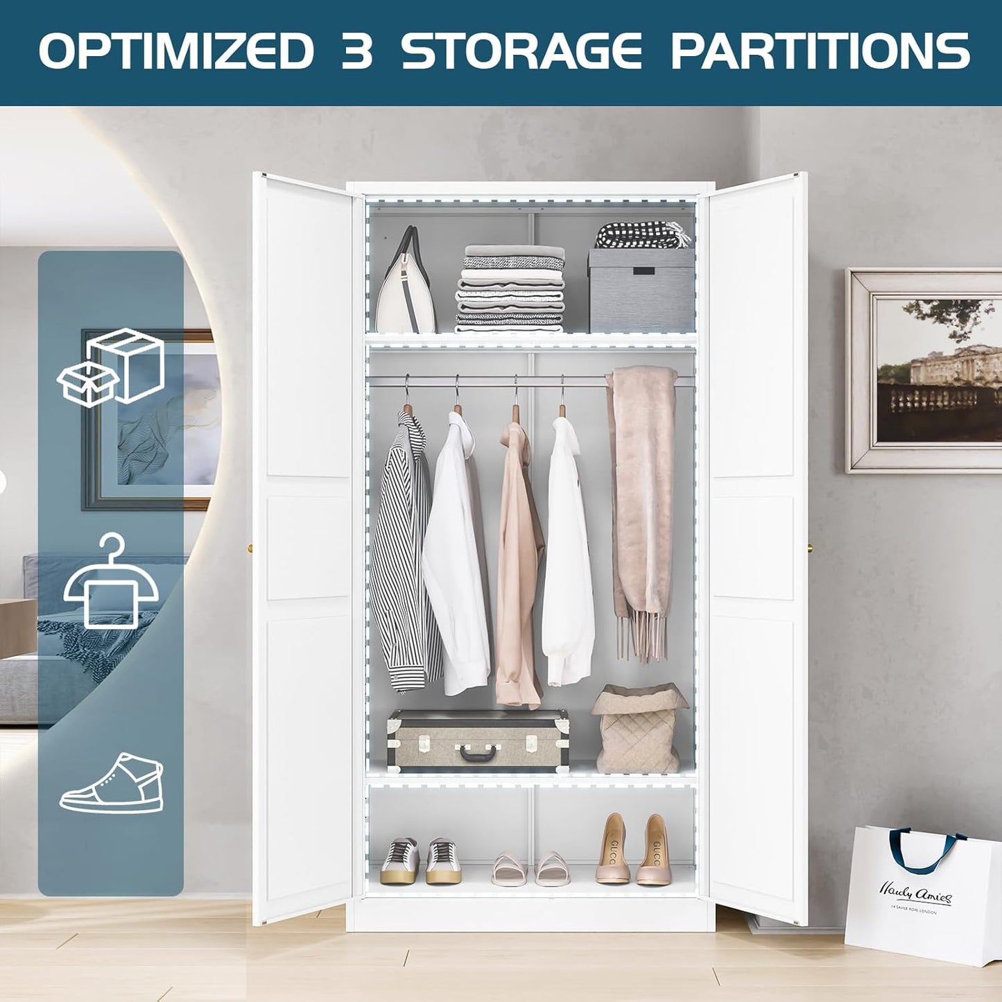 MIIIKO Wardrobe Closet with 2 Doors, 72" Metal Clothing Storage Cabinets with Hanging Rod, Bedroom Armoires Laundry Room and Office Clothes Storage Organizer Cabinets