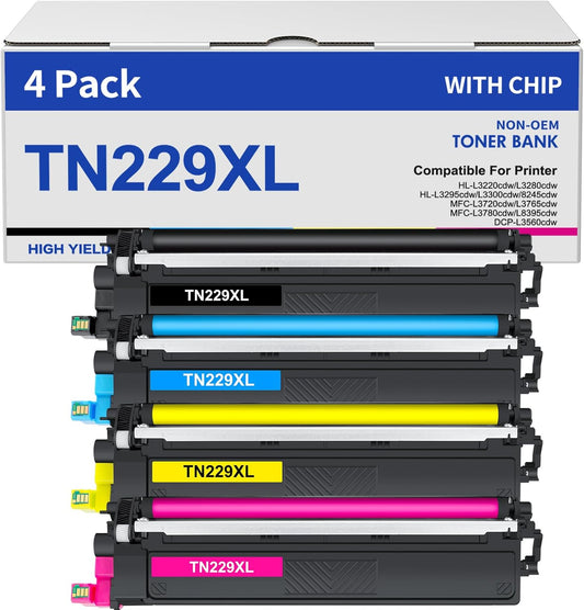 TN229XL TN229 Toner Cartridges 4 Pack MFC-L3780CDW MFC-L3720CDW Compatible for Brother TN229 TN229XL HL-L3280CDW HL-L3220CDW HL-L3300CDW HL-L3295CDW Printer TN 229XL TN-229XLBK/C/M/Y High Yield