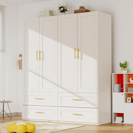 White Wardrobe with 4 Doors: 75" Tall Armoire Wardrobe Closet with 4 Drawers, Bedroom Closet Cabinet for Hanging Clothes, Wooden Storage Armoire with Shelves (Contemporary, 2)