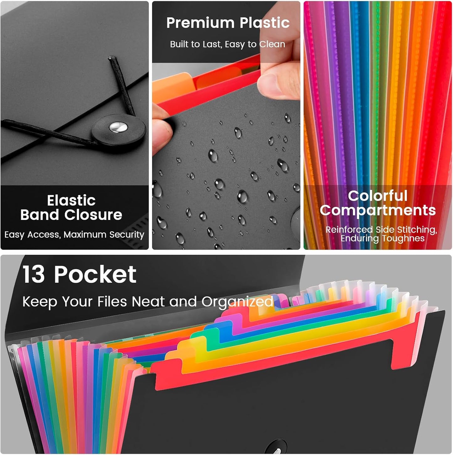13 Pocket Accordion File Organizer with Elastic Closure, Expanding File Folder for Letter Size A4 Papers, Ideal for Home, Office Supplies, College Essentials - Black