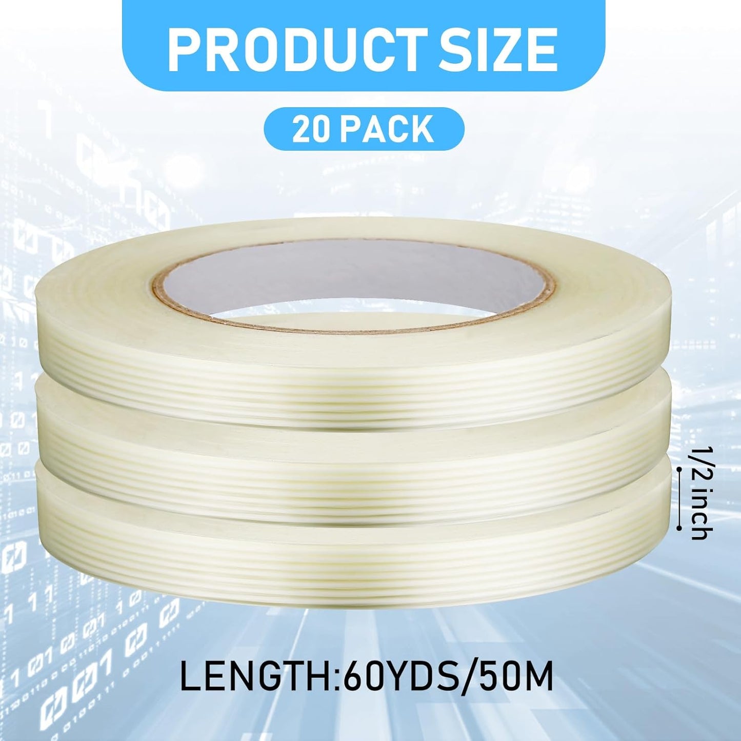 Treela 20 Rolls 1/2 Inch x 60 Yards Filament Strapping Tape Transparent Reinforced Fiberglass 5.5 Mil Heavy Duty Packing Shipping Tape for Sealing Binding Fixing