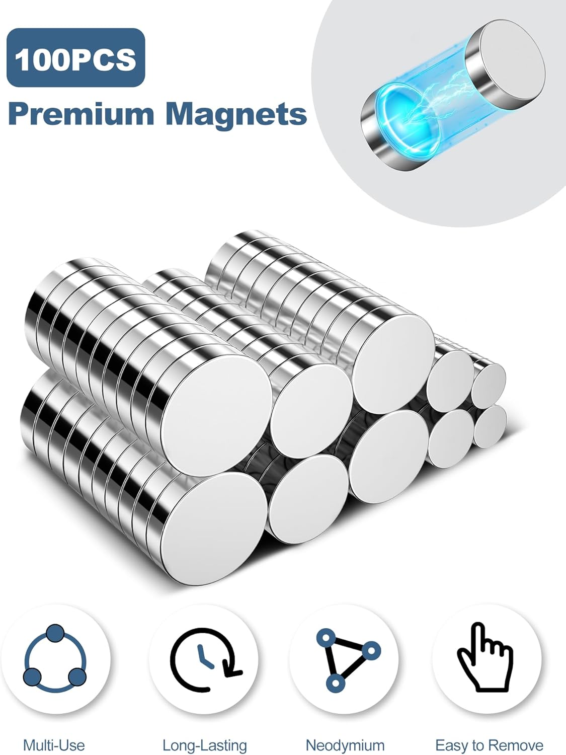 SMARTAKE 100 Pcs Rare Earth Magnets, 5-Size Multi-Use Premium Neodymium Fridge Magnets, for Refrigerator, Office, Whiteboard, Crafts, DIY Hobbies, Kitchen, Science, Billboard (Silver)