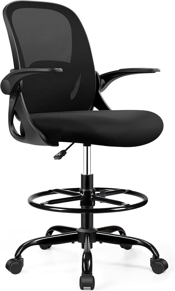 Drafting Chair Tall Office Chair with Flip-up Armrests, Adjustable Height, and Enhanced Lumbar Support - Ergonomic Rolling Stool, Back Support, and Adjustable Foot Rest Ring for Standing Desk Black