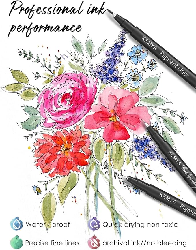 4 Micro Fine liner Drawing Art Pens Calligraphy Pens: 0.9mm Size Black Art supplies Waterproof Archival Black Ink Markers For Artists,Use for Professional Watercolor,Sketching