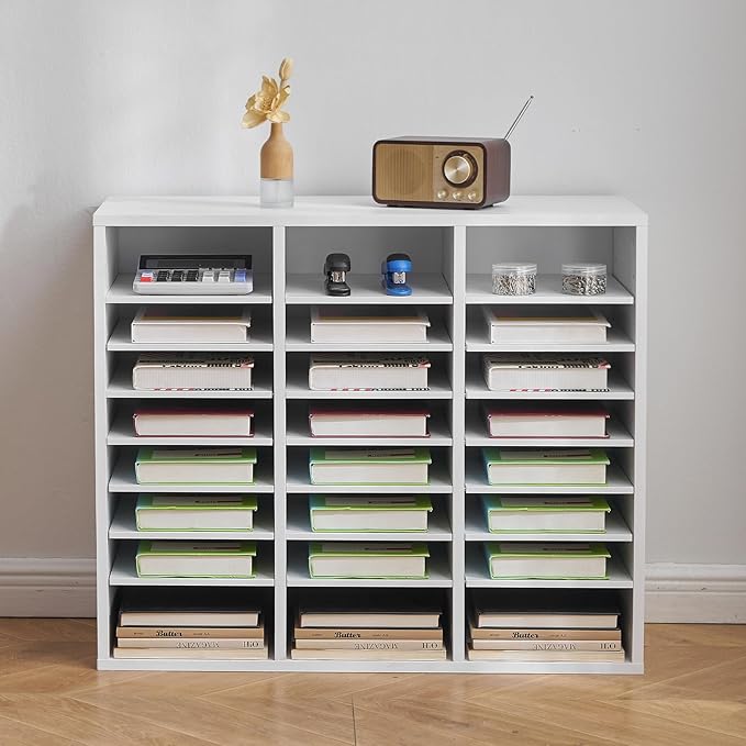 VEVOR Literature Organizer, 24 Compartments Office Mailbox with Adjustable Shelves, Wooden Mailbox Sorter Medium Density Fiberboard Office Home Classroom Storage for Files, Documents, Papers, White
