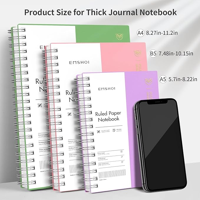 EMSHOI A5 Spiral Notebook College Ruled Lined Journal, Small 5.7" X 8.22", 300 Pages/150 Sheets, 100gsm Thick Paper, Waterproof Hardcover, for Office School Women Men Work Writing Notes-Purple