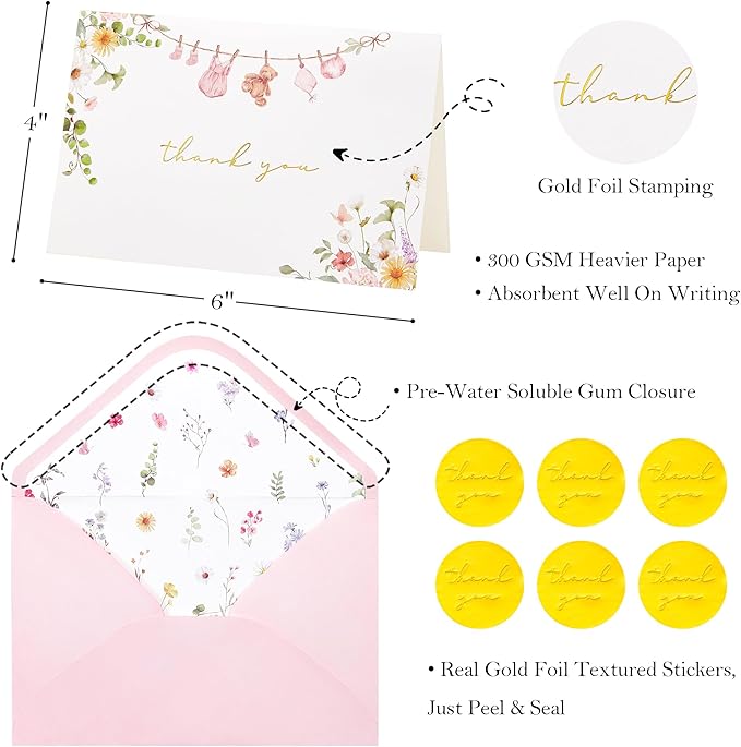 Crisky Baby Shower Pink Gold Thank You Cards (50 Pack) with Envelopes & Stickers Girl Baby Shower Greeting Cards Bulk, Watercolor Delicate Wildflower for Baby Shower Party