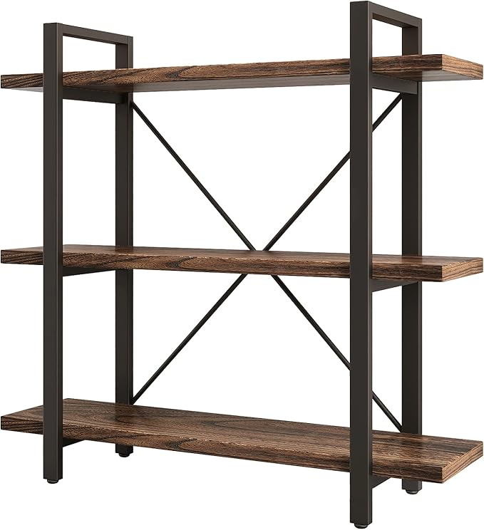 3 Tier Bookshelf Modern Rustic Open Bookshelf Office Solid Wood Bookcase and Book Shelves Wood and Metal Shelving Unit,Distressed Brown (AY-02-3Tier)